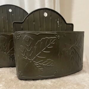 Embossed Leaf Metal Wall Pockets Olive Green 2 Pcs Patina